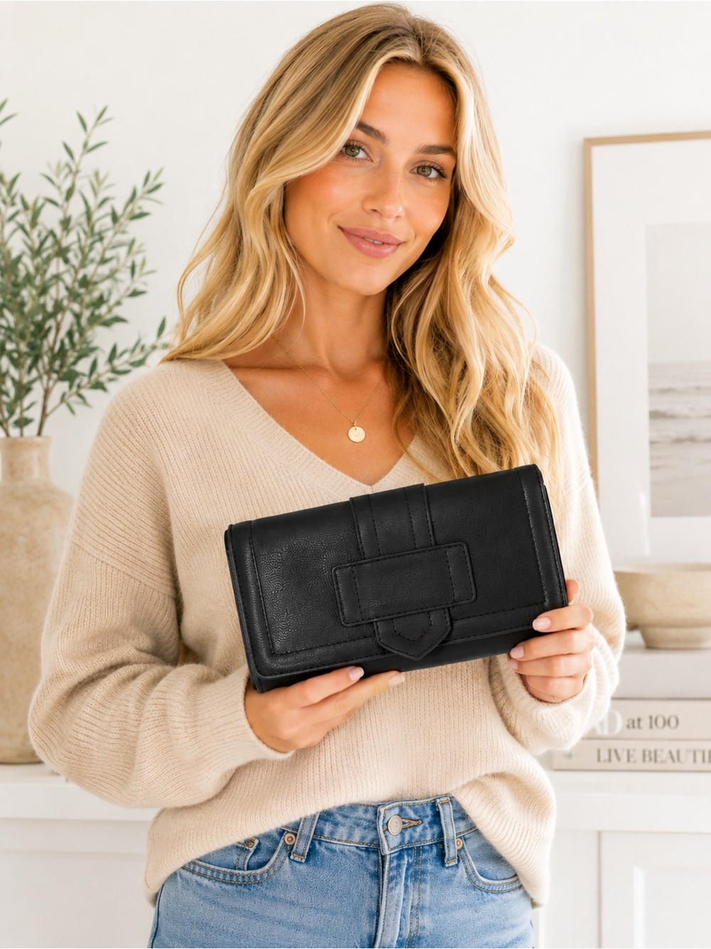 Black Faux Leather Wallet Clutch Organizer Snap Closure Large Wallet